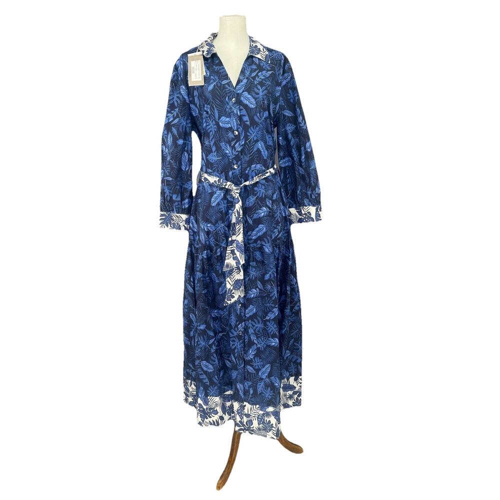 NWT Purotatto Dress Womens 46 Blue Tropical Leaf Maxi Shirt Belted Long Sleeve